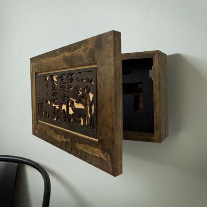Wooden wall art piece with cut-out design on a plain wall