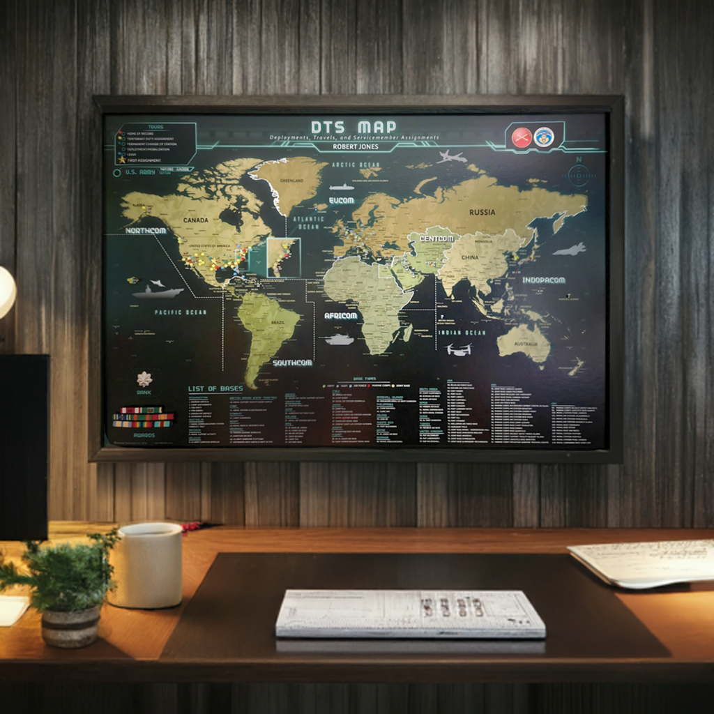 World map on a wooden wall above a desk with office items.