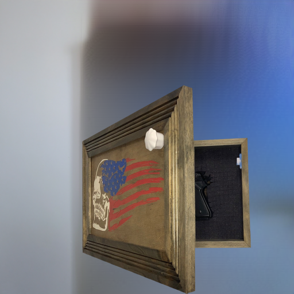 Wooden box with American flag design and gun inside on a gradient background