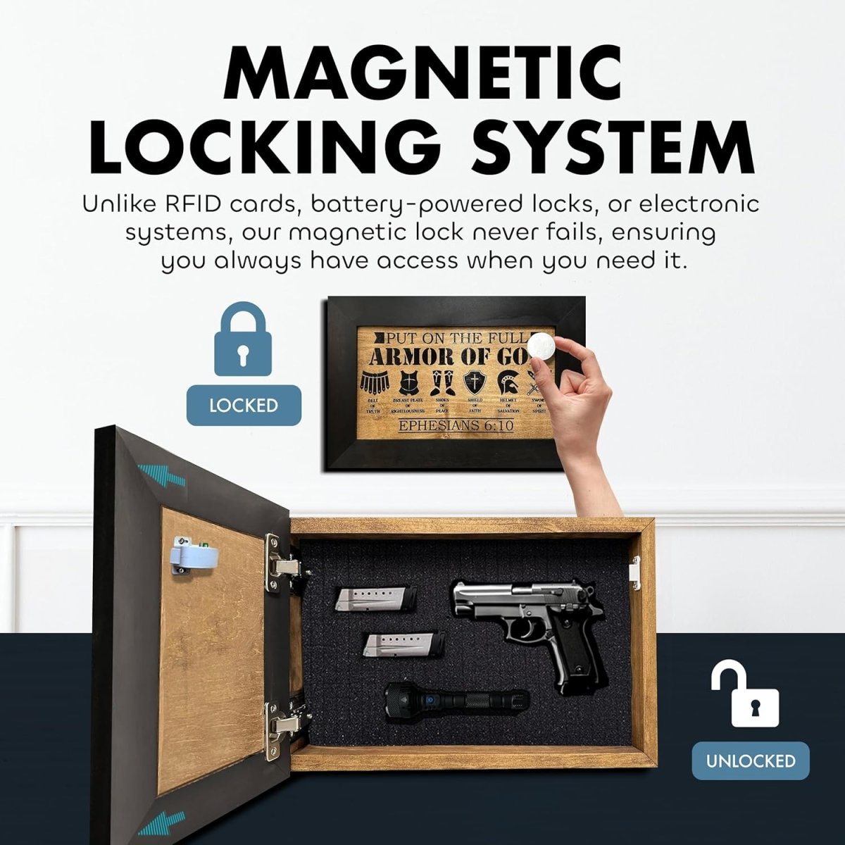 Hidden Gun Cabinet Put On The Full Armor Of God, Secure Concealed Ephesians 6:10 Gun Safe by Bellewood Designs - Hooyah Woodworks LLC