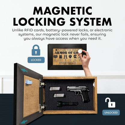 Hidden Gun Cabinet Put On The Full Armor Of God, Secure Concealed Ephesians 6:10 Gun Safe by Bellewood Designs - Hooyah Woodworks LLC