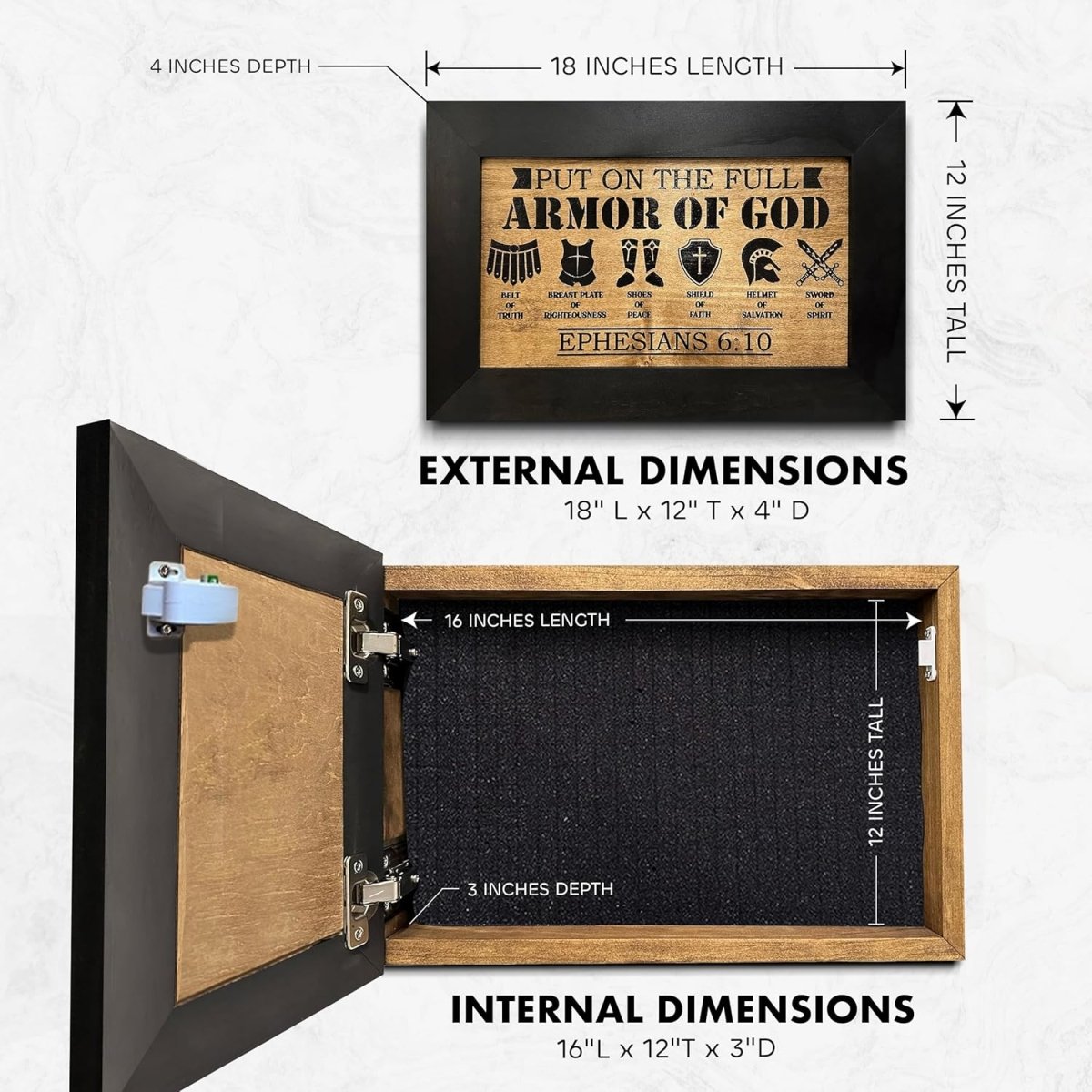 Hidden Gun Cabinet Put On The Full Armor Of God, Secure Concealed Ephesians 6:10 Gun Safe by Bellewood Designs - Hooyah Woodworks LLC