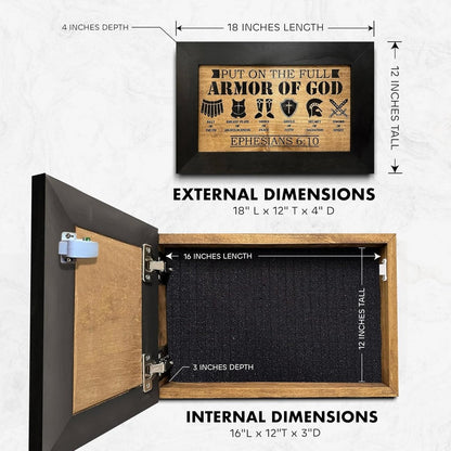 Hidden Gun Cabinet Put On The Full Armor Of God, Secure Concealed Ephesians 6:10 Gun Safe by Bellewood Designs - Hooyah Woodworks LLC