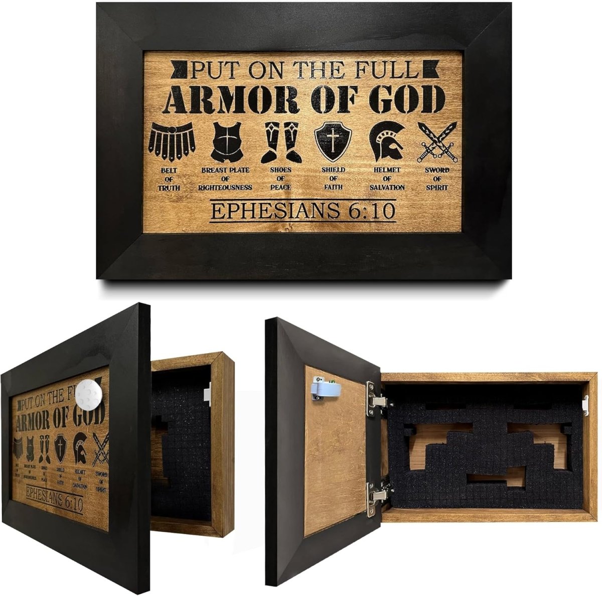 Hidden Gun Cabinet Put On The Full Armor Of God, Secure Concealed Ephesians 6:10 Gun Safe by Bellewood Designs - Hooyah Woodworks LLC