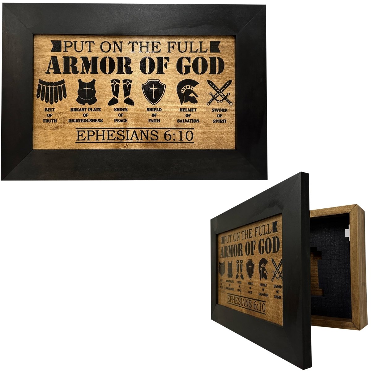 Hidden Gun Cabinet Put On The Full Armor Of God, Secure Concealed Ephesians 6:10 Gun Safe by Bellewood Designs - Hooyah Woodworks LLC