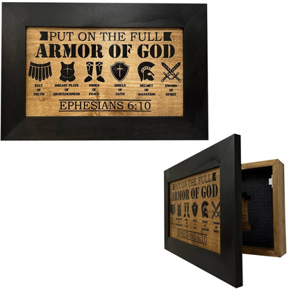 Hidden Gun Cabinet Put On The Full Armor Of God, Secure Concealed Ephesians 6:10 Gun Safe by Bellewood Designs - Hooyah Woodworks LLC