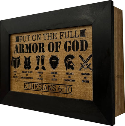 Hidden Gun Cabinet Put On The Full Armor Of God, Secure Concealed Ephesians 6:10 Gun Safe by Bellewood Designs - Hooyah Woodworks LLC