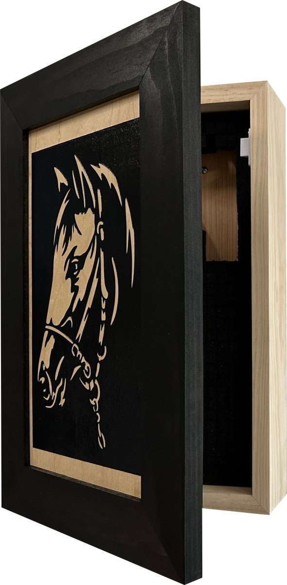 Hidden Gun Safe Black Horse Wall Art Decoration - Secure Gun Cabinet by Bellewood Designs - Hooyah Woodworks LLC