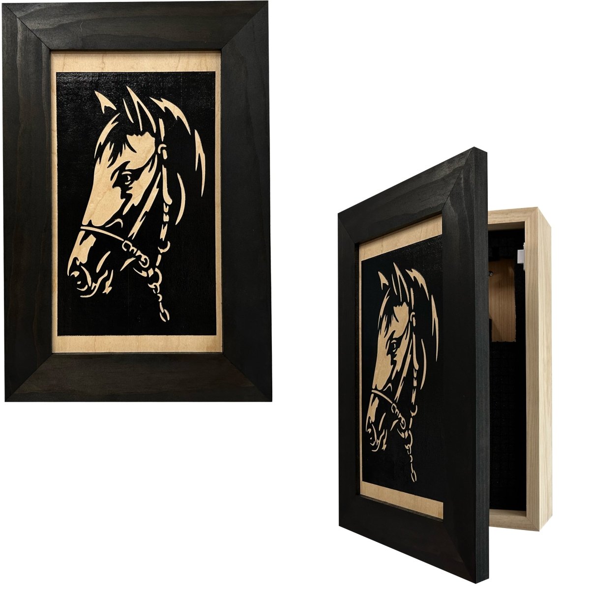 Hidden Gun Safe Black Horse Wall Art Decoration - Secure Gun Cabinet by Bellewood Designs - Hooyah Woodworks LLC