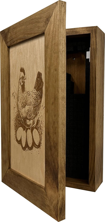 Wooden box with a chicken design on a white background
