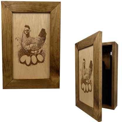 Wooden picture frame with a chicken and eggs design on a white background