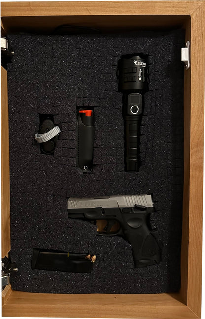 Weapon and ammunition in a wooden box with black foam lining