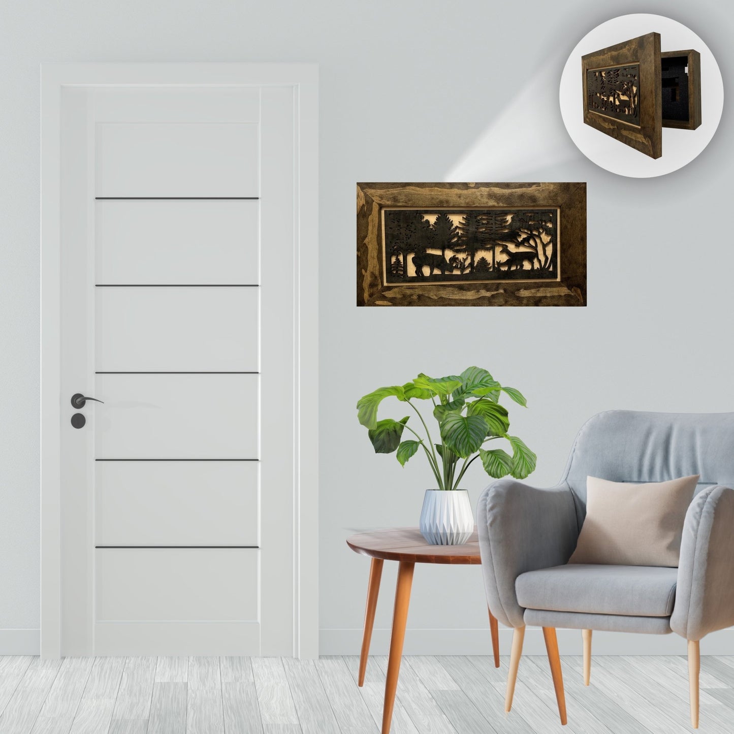 Deer Scene Wall Gun Cabinet - Handcrafted Wood Concealment Furniture - Hooyah Woodworks LLC