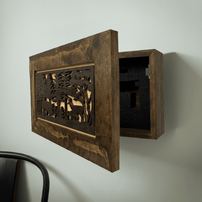 Deer Scene Wall Gun Cabinet - Handcrafted Wood Concealment Furniture - Hooyah Woodworks LLC