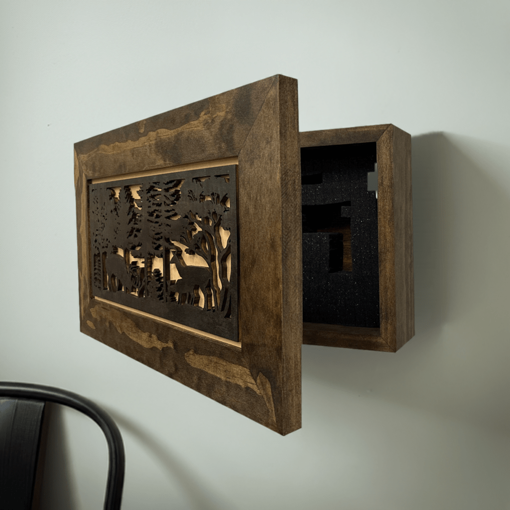 Hidden Gun Safe - Deer Scene Wall Gun Cabinet - Hidden Wall Storage - Wood Gun Cabinet - Handcrafted Gun Concealment Furniture - Hidden Gun Storage by Bellewood Designs - Hooyah Woodworks LLC