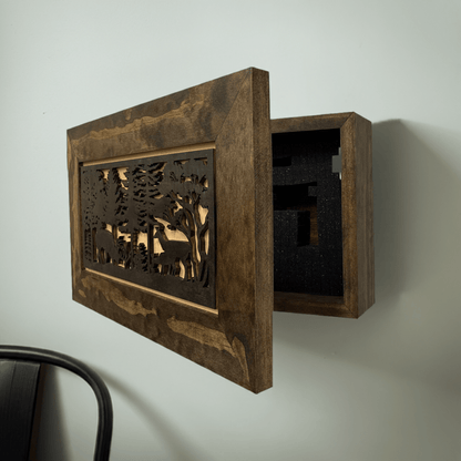 Hidden Gun Safe - Deer Scene Wall Gun Cabinet - Hidden Wall Storage - Wood Gun Cabinet - Handcrafted Gun Concealment Furniture - Hidden Gun Storage by Bellewood Designs - Hooyah Woodworks LLC