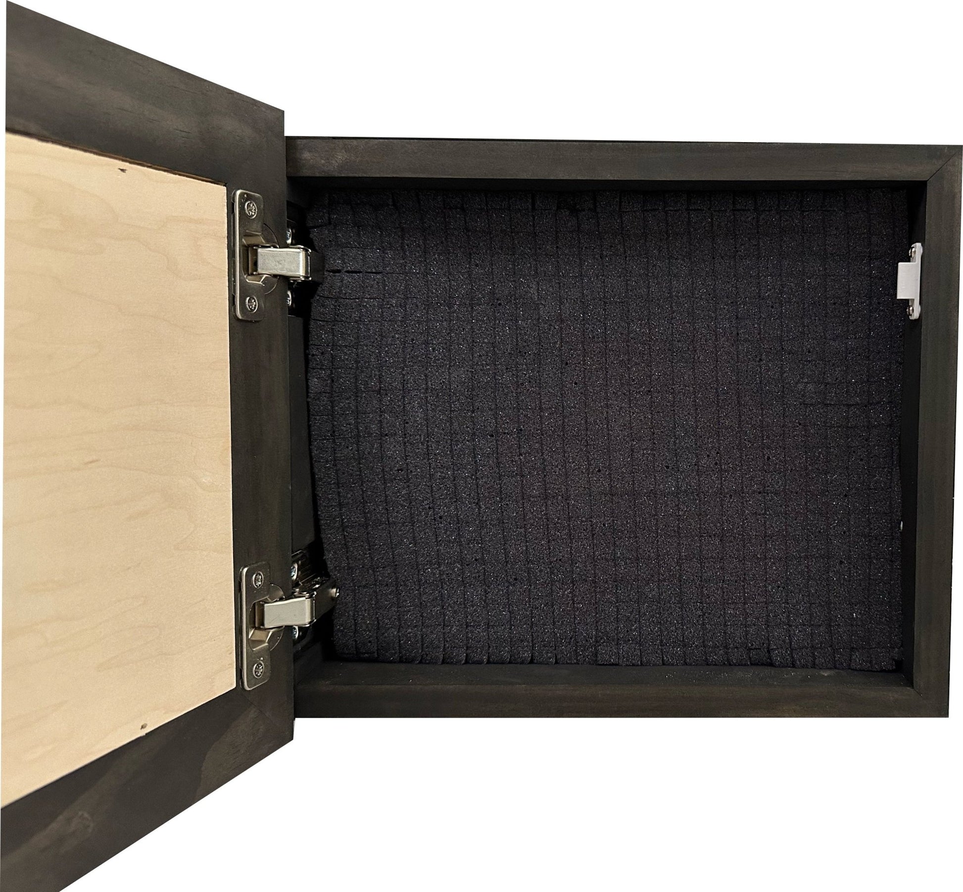 Wooden box with a black interior on a white background