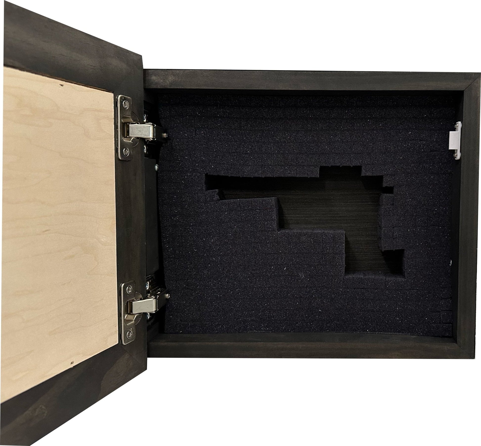 Wooden box with foam interior on a white background