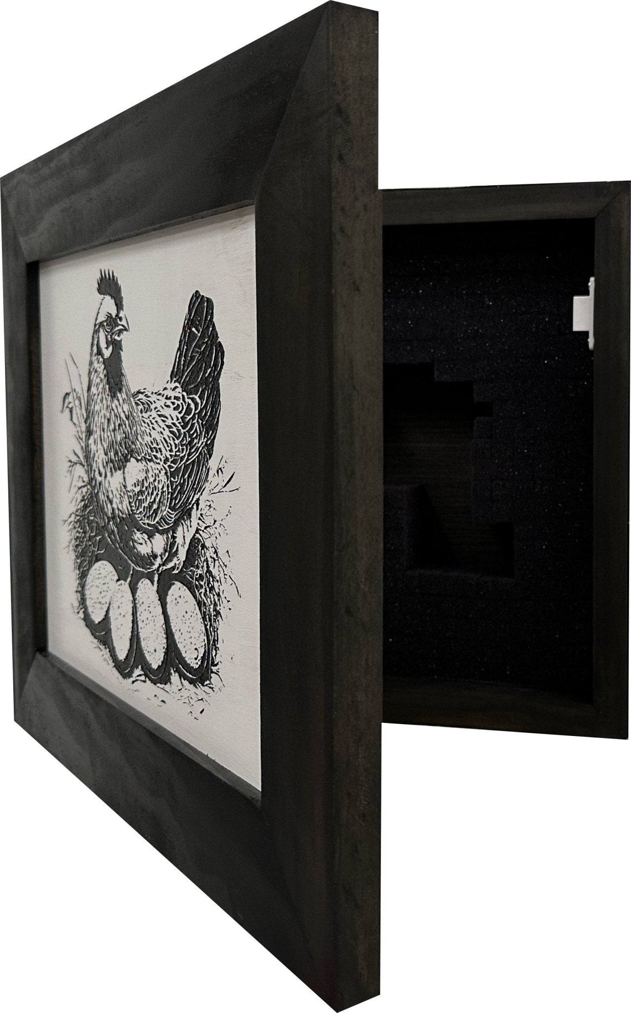 Framed black and white artwork of a rooster on a white background