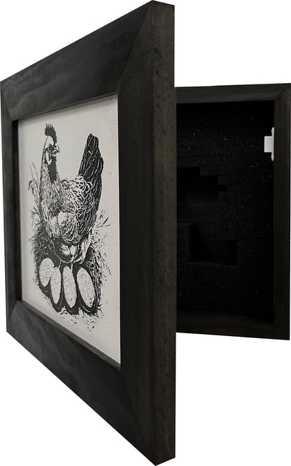 Framed black and white artwork of a rooster on a white background