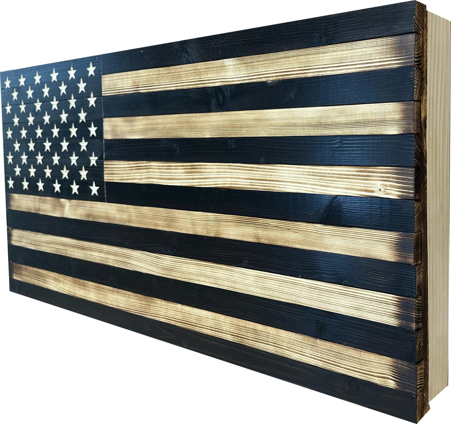 Wooden American flag with dark blue and light brown stripes on a white background