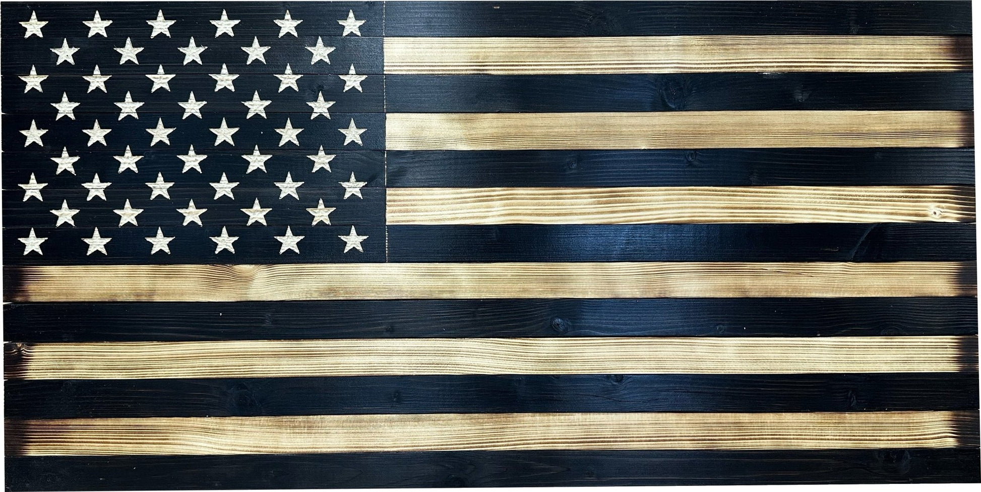 Wooden American flag with black and gold stripes