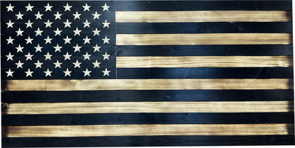 Wooden American flag with black and gold stripes