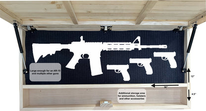 Garage door with a graphic of various firearms and text about gun storage capacity.