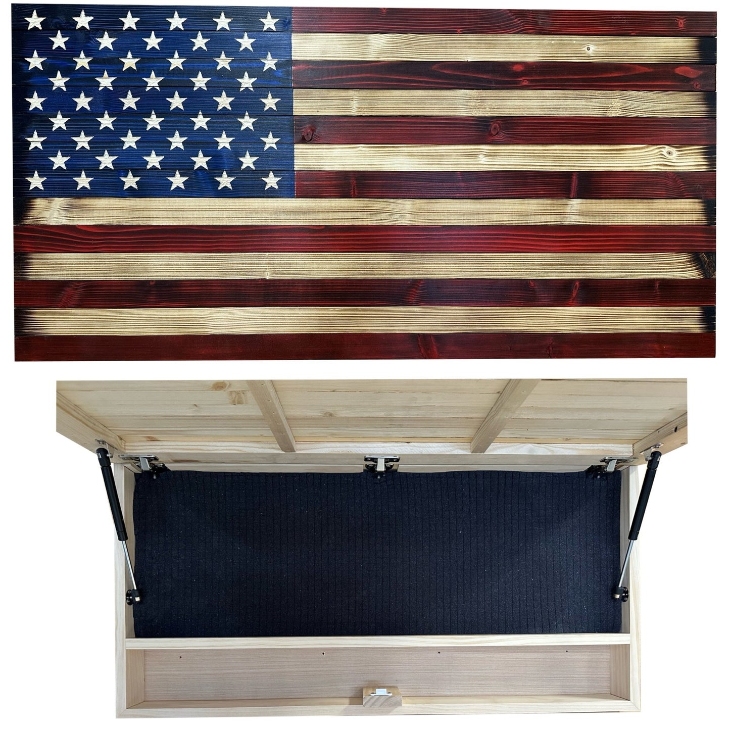 Wooden box with a lid open, revealing a black interior, above an American flag.