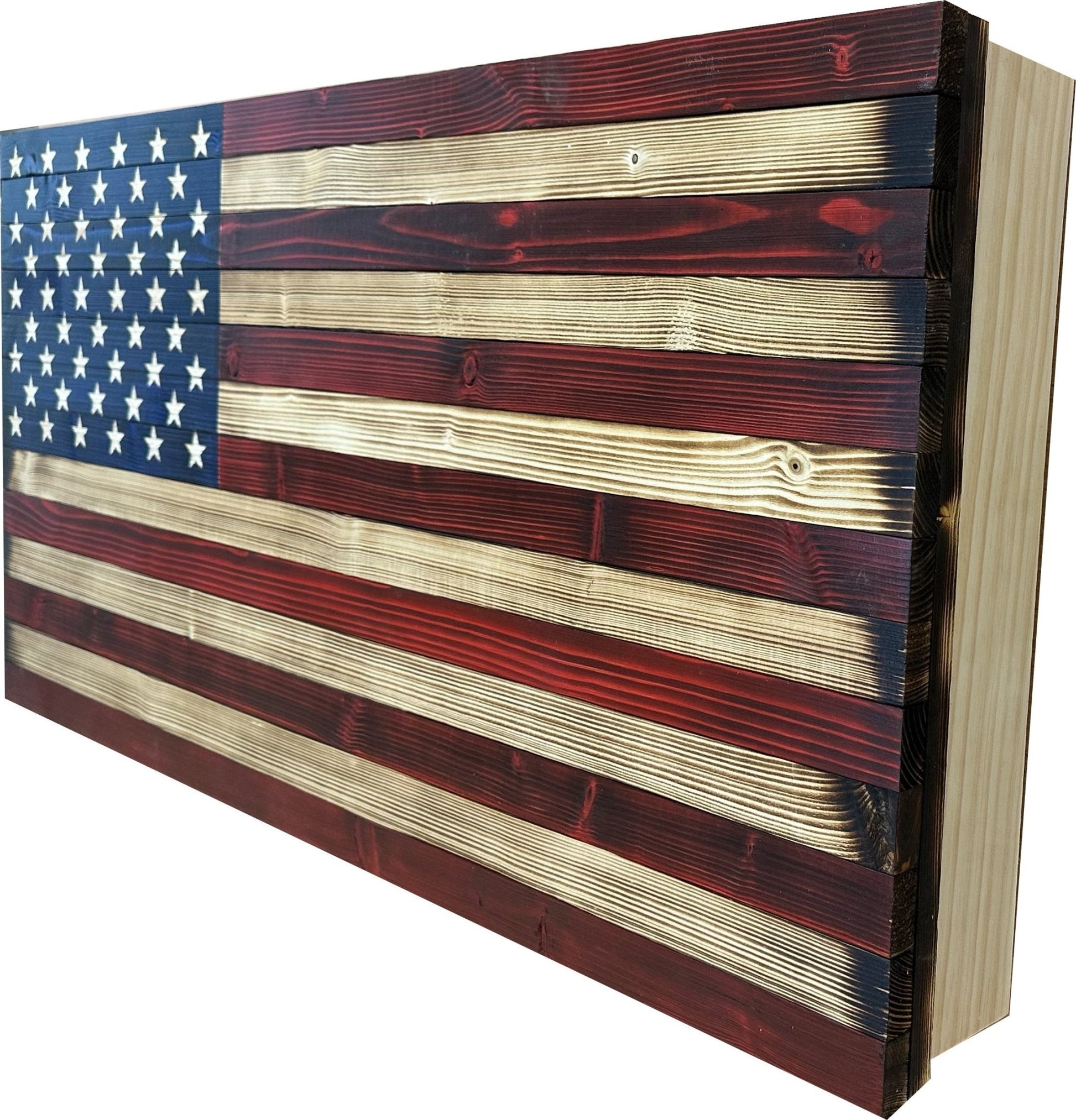 Wooden American flag with a rustic finish on a white background