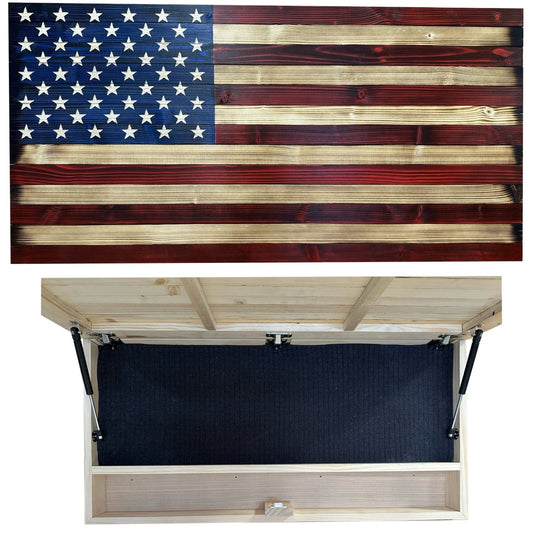 Large Red and Blue American Flag Hidden Gun Storage Cabinet - Hooyah Woodworks LLC