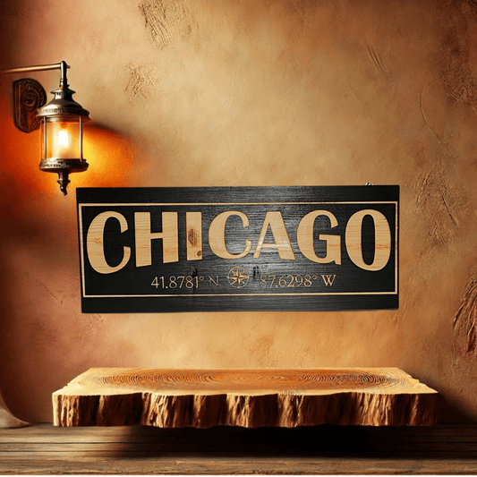 Wood sign carved with location name and coordinates black