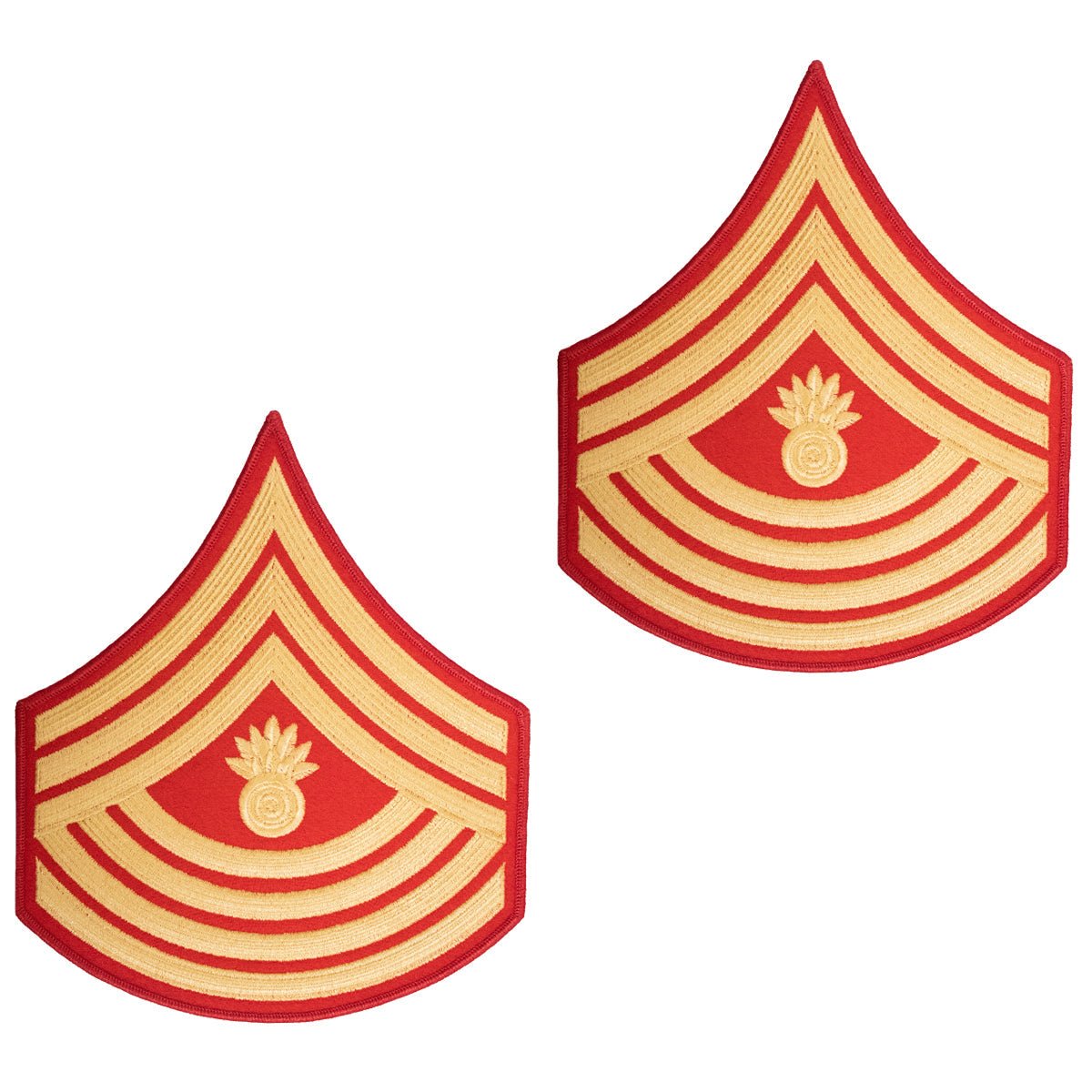 Marine Corps Evening Dress Chevron: Master Gunnery Sergeant- gold embroidered on red - Male - Hooyah Woodworks LLC