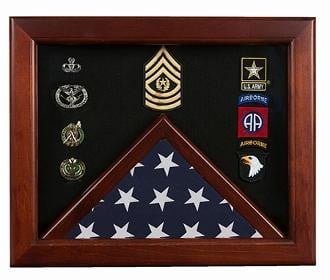 Military Flag medal display case, Mahogany wood for 3x5 flag With Fabric badges - Hooyah Woodworks LLC