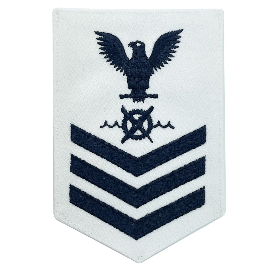 Navy E6 MALE Rating Badge: RW Robotics Warfare Specialist - blue chevrons on white CNT - Hooyah Woodworks LLC