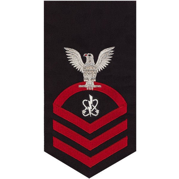 Navy E7 MALE Rating Badge: Electronics Warfare Technician - seaworthy red on blue - Hooyah Woodworks LLC