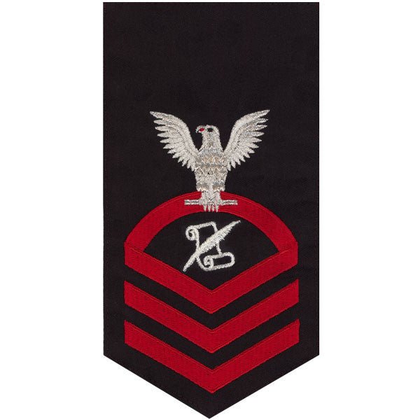 Navy E7 MALE Rating Badge: Journalist - seaworthy red on blue - Hooyah Woodworks LLC