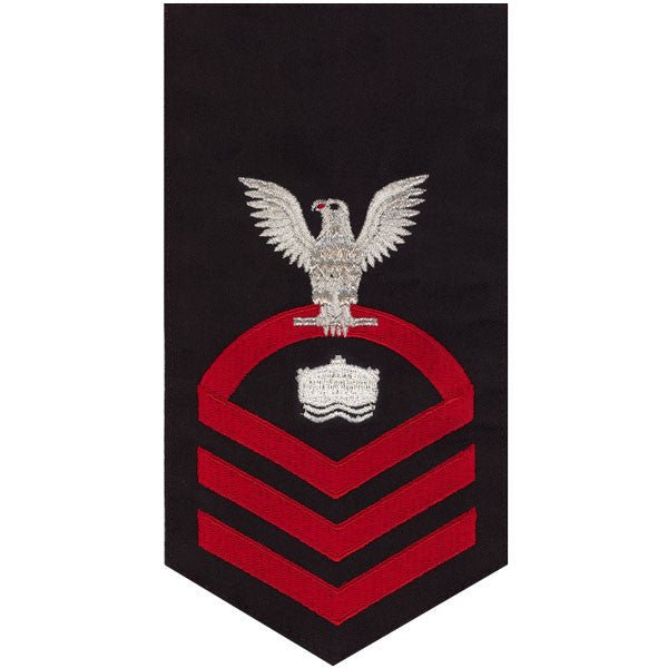 Navy E7 MALE Rating Badge: Mineman - seaworthy red on blue - Hooyah Woodworks LLC