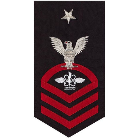 Navy E8 MALE Rating Badge: Aviation Anti-Submarine Warfare Operator - seaworthy red on blue - Hooyah Woodworks LLC