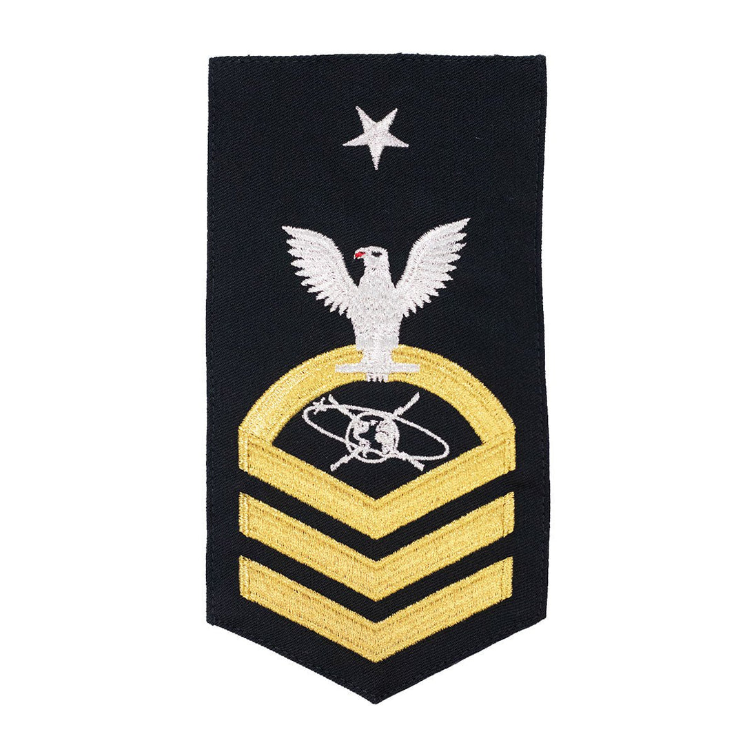 Navy E8 MALE Rating Badge: MC Mass Communication Specialist - seaworthy gold on blue - Hooyah Woodworks LLC