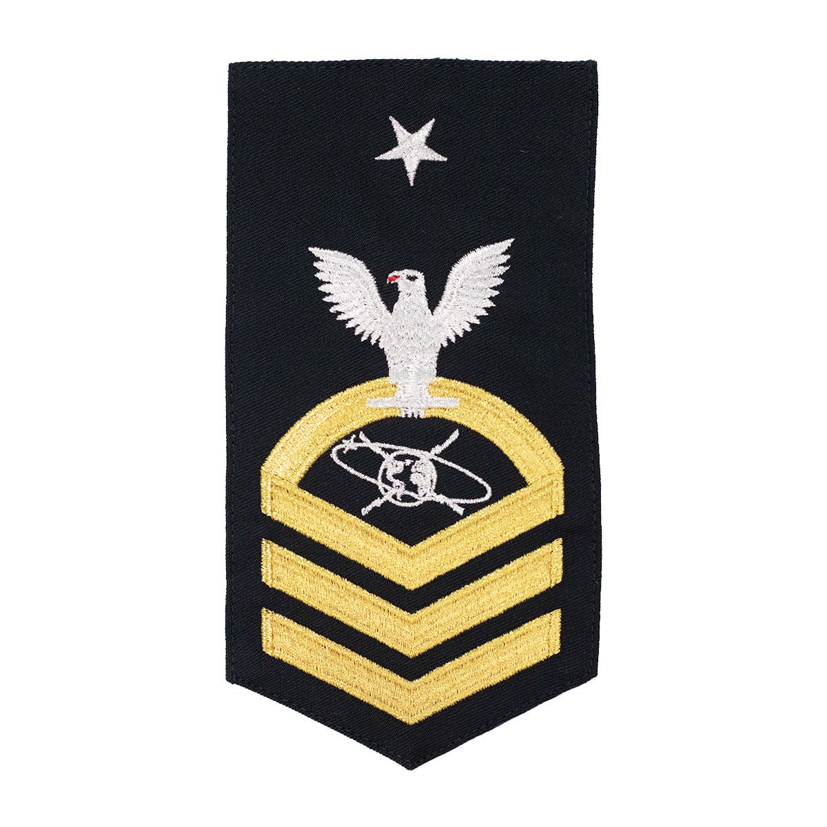 Navy E8 MALE Rating Badge: MC Mass Communication Specialist - seaworthy gold on blue - Hooyah Woodworks LLC
