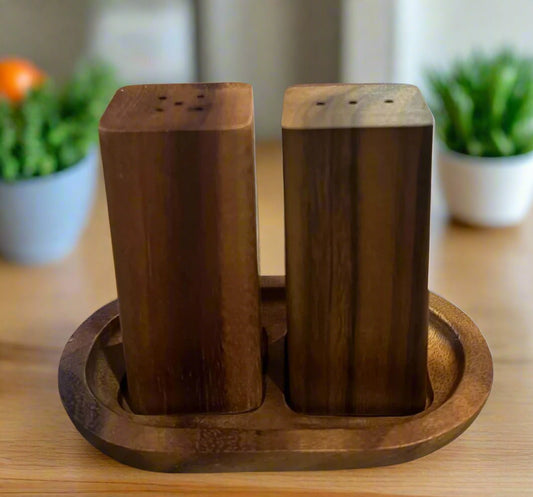 Salt & Pepper Shakers on an Acacia Wood Base - Hooyah Woodworks LLC