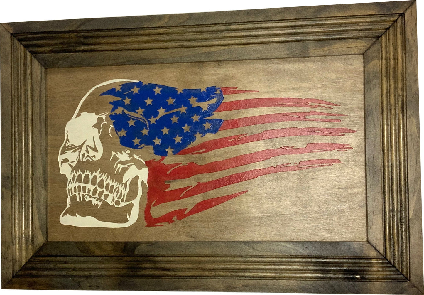 Wooden plaque with a skull and American flag design in a rustic frame.