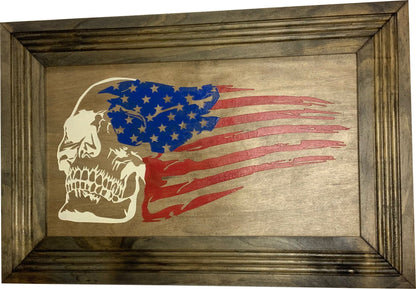 Wooden plaque with a skull and American flag design in a rustic frame.