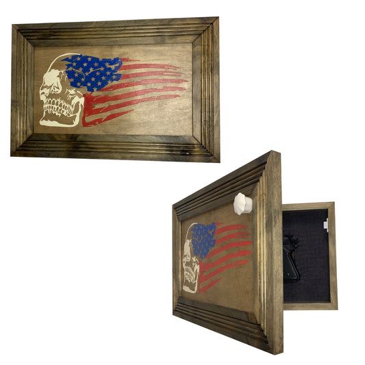 Wooden frame with a design of a skull and American flag, open to reveal a gun.
