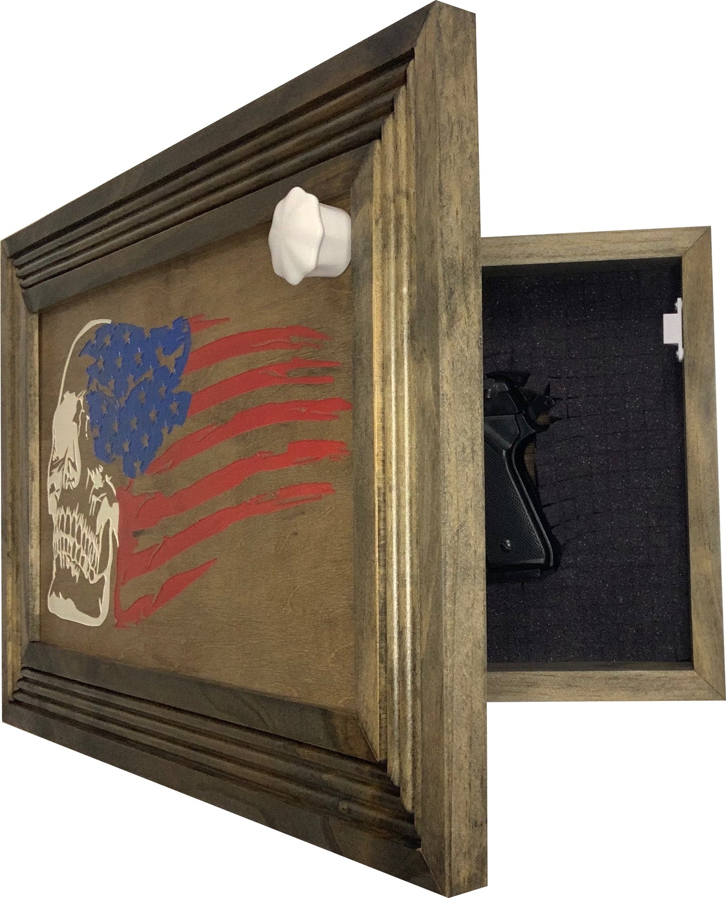 Wooden gun display case with American flag and skull design.