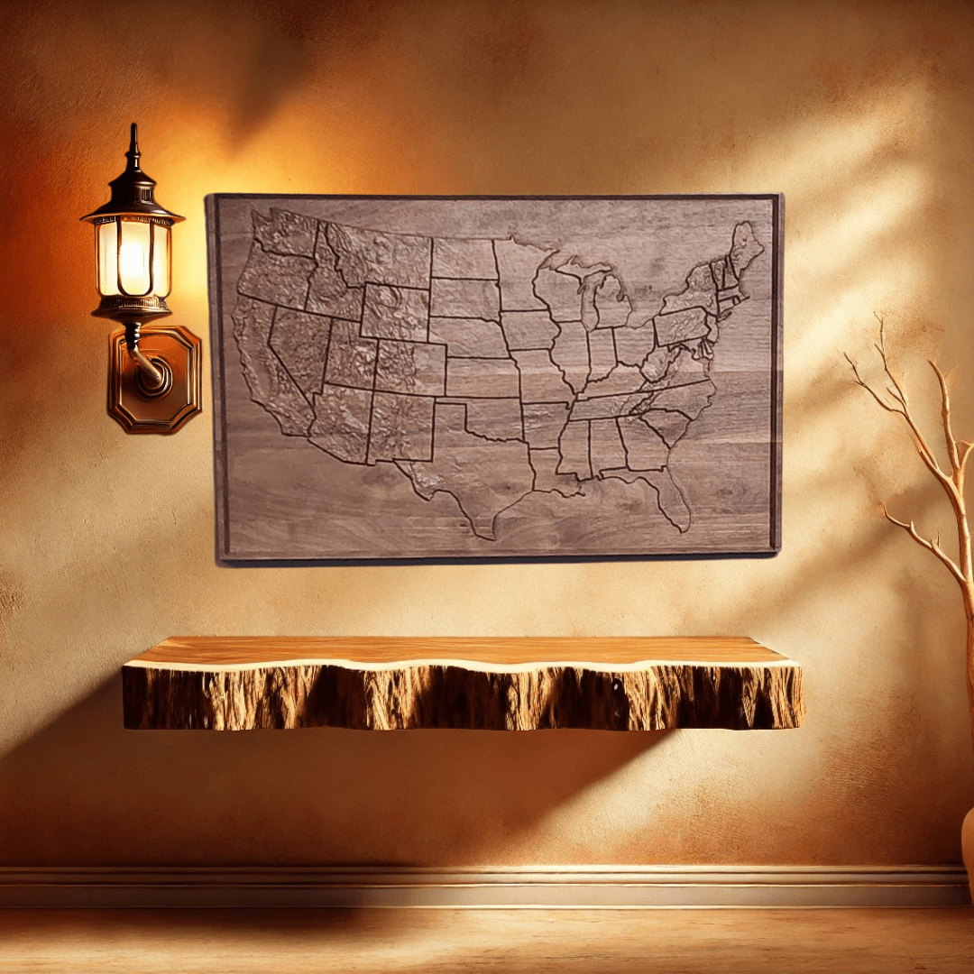 Topographic map of united states wood sign carved in Walnut