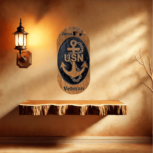 Customized acacia wood sign with Navy anchor, name, and rank carved into it.