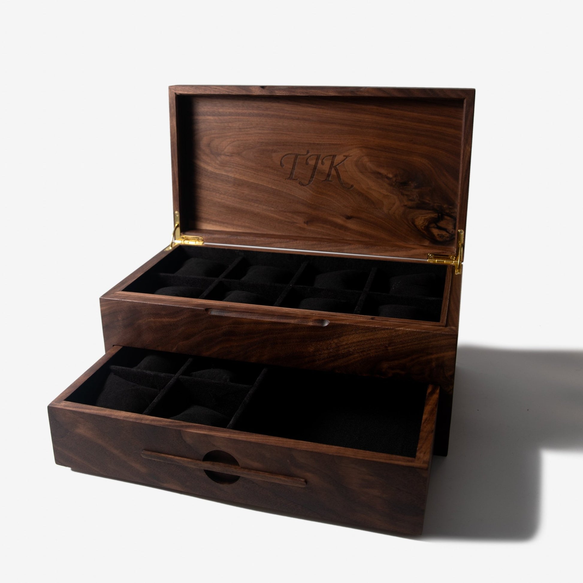 Watch Box with Drawer - Solid Black Walnut - 12 to 16 Watch Compartments - Hooyah Woodworks LLC