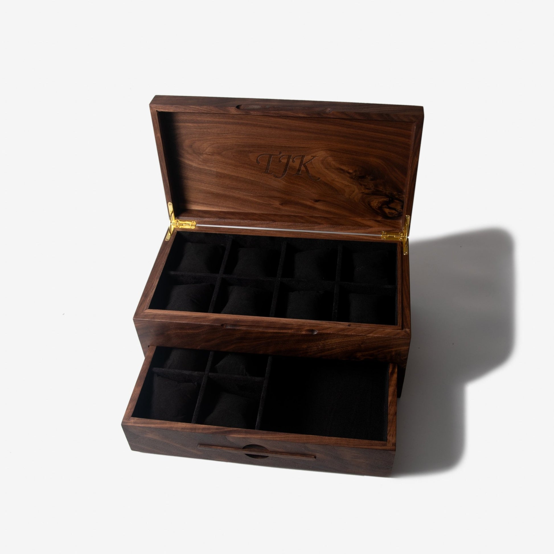 Watch Box with Drawer - Solid Black Walnut - 12 to 16 Watch Compartments - Hooyah Woodworks LLC